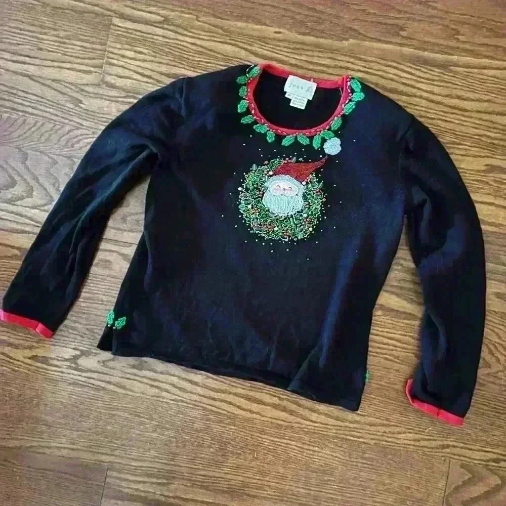 Christmas Sweater Beaded Santa Holly and Jingle Bells Shoulder Pads Size Medium